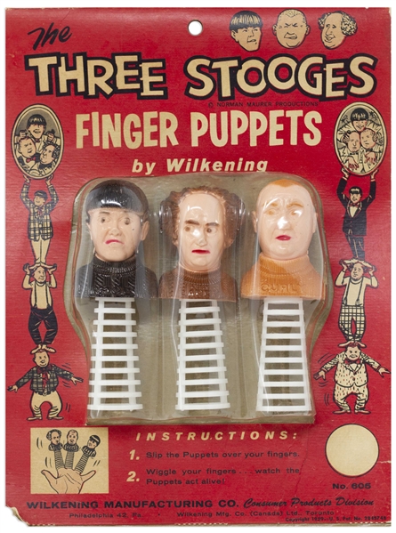 Three Stooges Finger Puppet Set From 1959, in Original Packaging -- Toning & Creasing to Packaging, Plastic Coming Away From Cardboard Backing, Good Condition